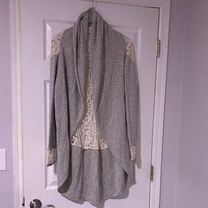 Anthropologie By Yoon..Gray W Cream Crochet Cocoon Long Sweater.. NWOT